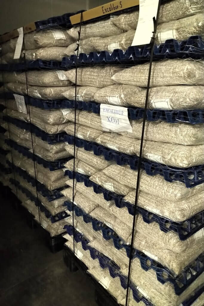 Stacked mushroom spawn bags with ventilation spacers